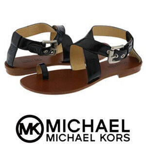 Vintage Y2K Michael Kors Black Leather Strappy Buckle Toe Ring Flat Sandals Sz 7